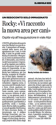 L'inaugurazione della nuova area sgambo a Rebocco raccontata dal nostro Rocky, un ringraziamento speciale alle nostre supervolontarie Alessandra e Grazia che gli hanno regalato una toelettatura accompagnandolo a farsi bello, alla giornalista Sondra Coggio che ha 